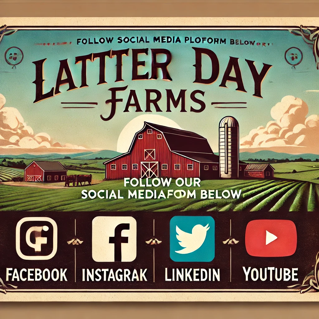 DALL·E 2025-02-14 03.09.23 - A digital poster for 'Latter Day Farms' with the inscription_ 'Follow our social media platform below for_ Latter Day Farms'. The background features